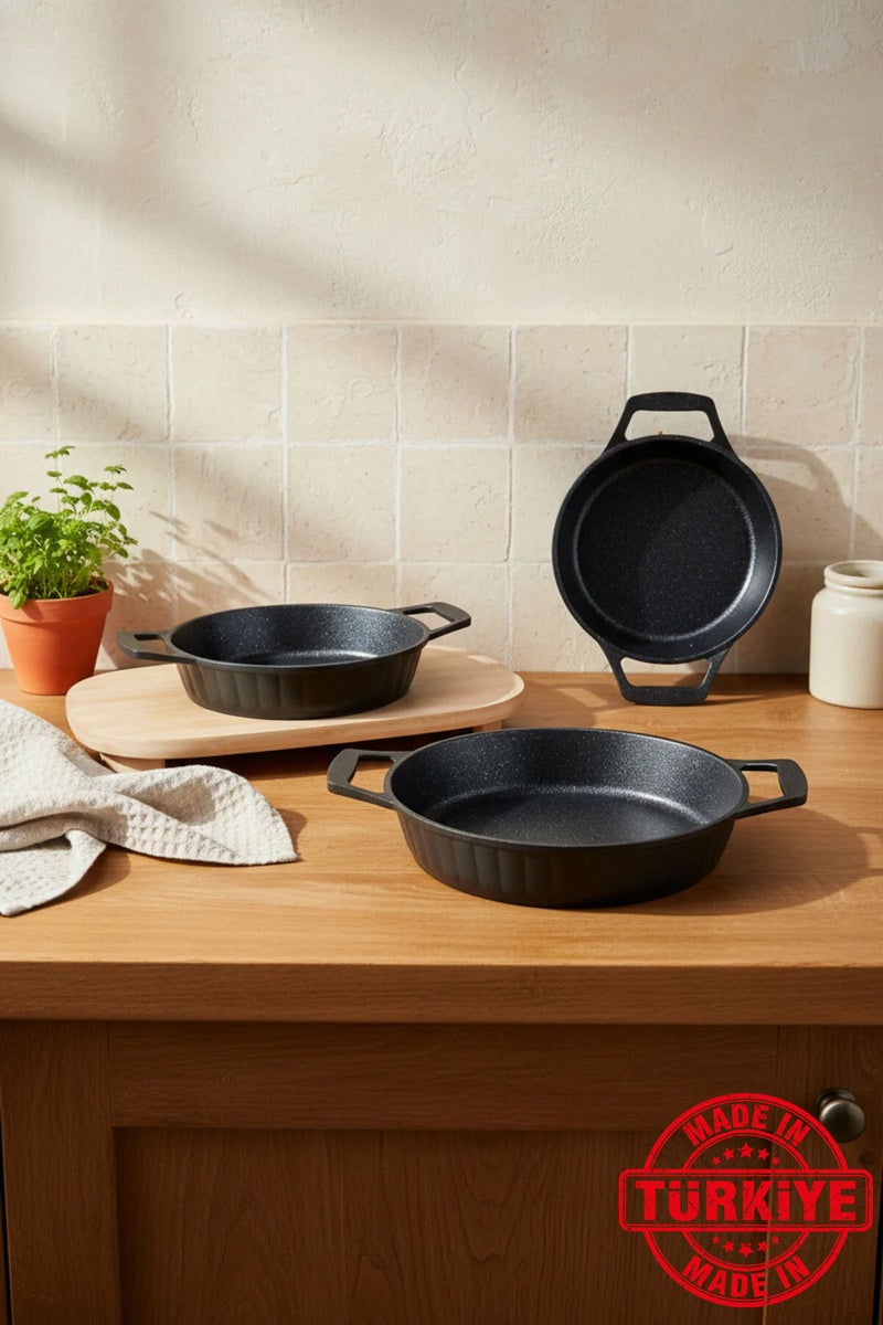 Bernardo Olimpos 3-Piece Cast Iron Pan Set Black (18-20-22 cm) (Made in Turkey) - Image 1